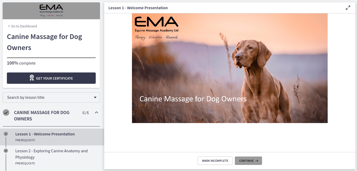 EMA Canine Massage for Dog Owners (Online)